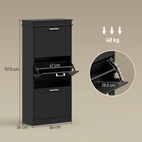 HOMCOM Scarpiera Moderna con 3 Cassetti Ribaltabili per 15 Paia di Scarpe e Ripiano Regolabile, 54x24x117.5cm, Nero