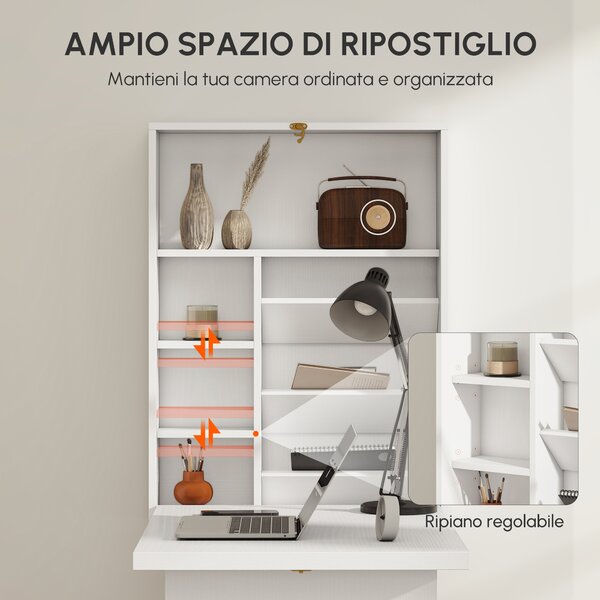 HOMCOM Scrivania a muro pieghevole, tavolo a parete pieghevole con ripiani per soggiorno, sala da pranzo, ufficio, 93,8 x 60 x 147 cm, bianco | Aosom Italy