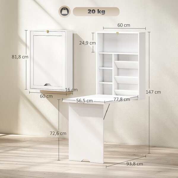 HOMCOM Scrivania a muro pieghevole, tavolo a parete pieghevole con ripiani per soggiorno, sala da pranzo, ufficio, 93,8 x 60 x 147 cm, bianco | Aosom Italy