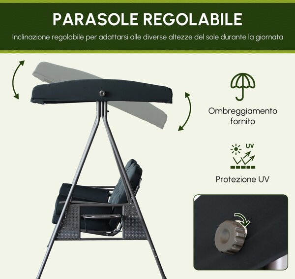 Outsunny Altalena da Giardino 3 Posti con Tetto Inclinazione Regolabile e Schienale ergonomico, Cuscini, Vassoi Retrattili, Nero | Aosom Italy