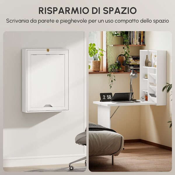 HOMCOM Scrivania a muro pieghevole, tavolo a parete pieghevole con ripiani per soggiorno, sala da pranzo, ufficio, 93,8 x 60 x 147 cm, bianco | Aosom Italy