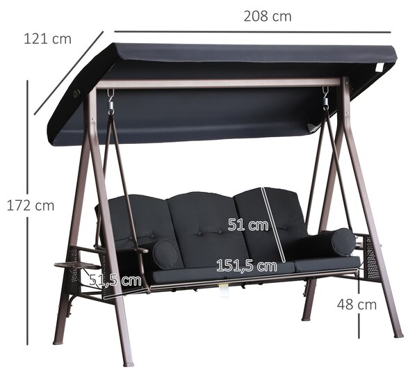 Outsunny Altalena da Giardino 3 Posti con Tetto Inclinazione Regolabile e Schienale ergonomico, Cuscini, Vassoi Retrattili, Nero | Aosom Italy