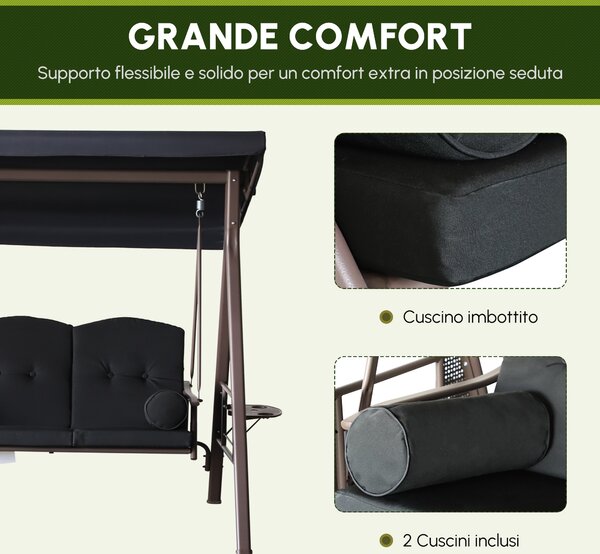 Outsunny Altalena da Giardino 3 Posti con Tetto Inclinazione Regolabile e Schienale ergonomico, Cuscini, Vassoi Retrattili, Nero | Aosom Italy