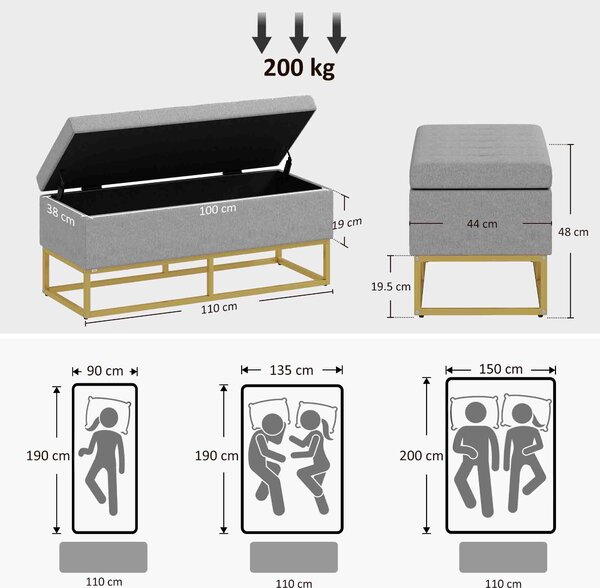 HOMCOM Panca fondo Letto di stoccaggio 2 in 1 con seduta trapuntata e piedi in acciaio, 110 x 44 x 48 cm, grigio e dorato | Aosom Italy