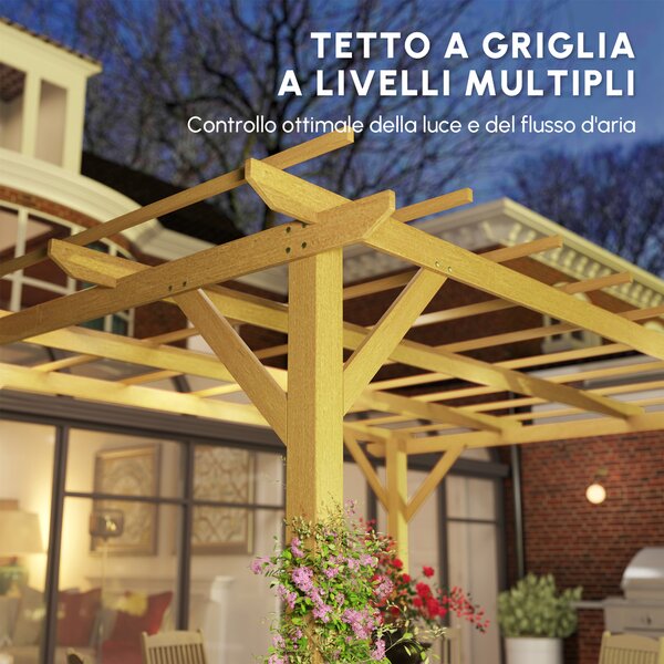 Outsunny Pergola da giardino esterno in legno con colonne, tiranti diagonali e travi per piante rampicanti, 3 x 4 m, legno naturale | Aosom Italy