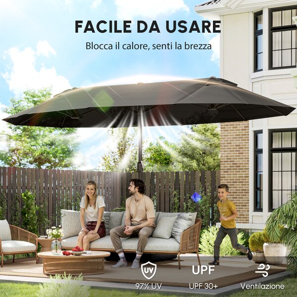 Outsunny Ombrellone da giardino esterno doppio rettangolare con apertura e chiusura manovella, sacchi di peso e base, grigio | Aosom Italy