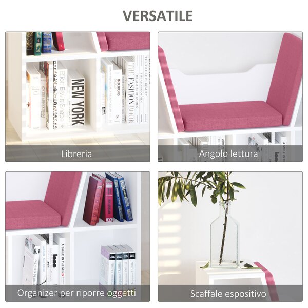 HOMCOM Libreria Panca 2 in 1 con 6 scomparti 3 Cuscini inclusi, Scaffale Design Contemporaneo, 102L x 30P x 61Hcm, Bianco Rosa | Aosom Italy