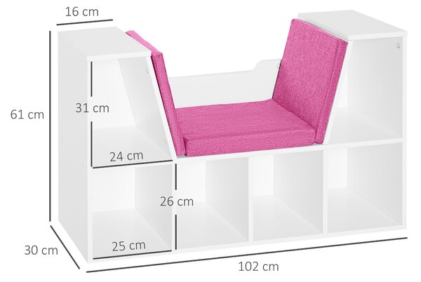 HOMCOM Libreria Panca 2 in 1 con 6 scomparti 3 Cuscini inclusi, Scaffale Design Contemporaneo, 102L x 30P x 61Hcm, Bianco Rosa | Aosom Italy