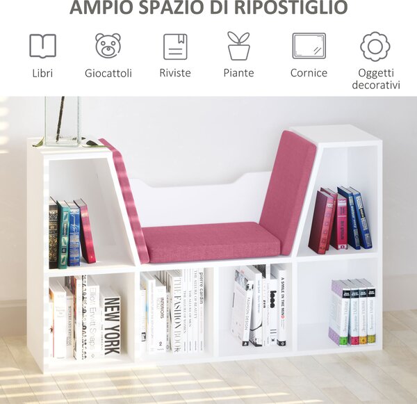 HOMCOM Libreria Panca 2 in 1 con 6 scomparti 3 Cuscini inclusi, Scaffale Design Contemporaneo, 102L x 30P x 61Hcm, Bianco Rosa | Aosom Italy