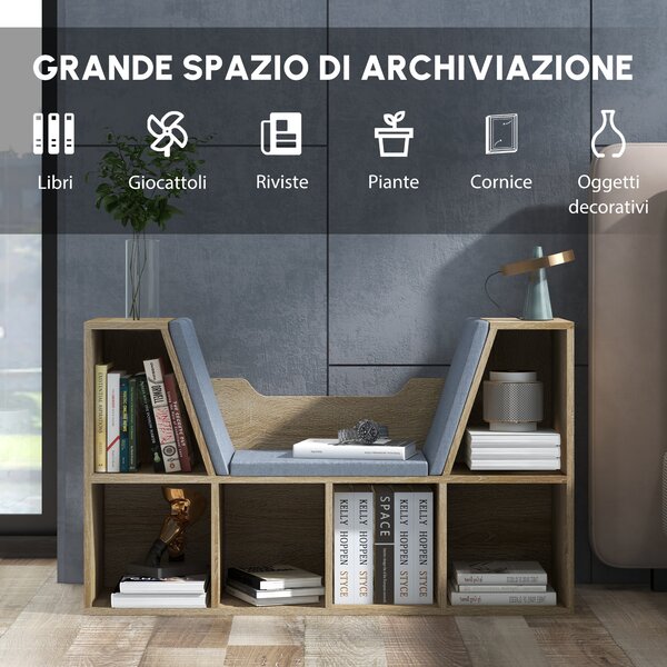 HOMCOM Libreria Bancali 2 in 1 con 6 scomparti 3 Cuscini, Mobile da archiviazione, 102L x 30l x 61H cm, Rovere Grigio | Aosom Italy