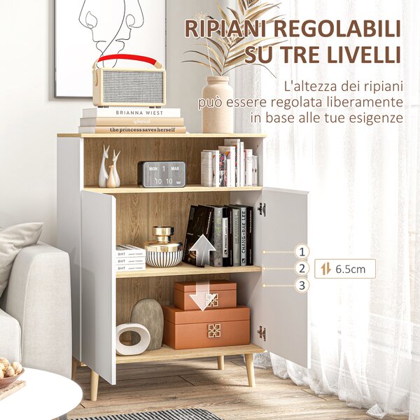HOMCOM Credenza con armadio a 2 porte e 4 mensola regolabili interna, Mobile da Magazzinaggio su piedi scandinavi in legno, bianco | Aosom Italy