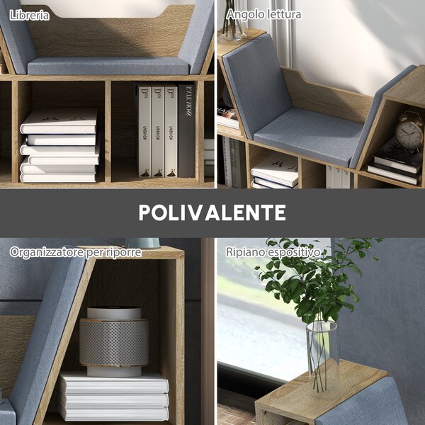HOMCOM Libreria Bancali 2 in 1 con 6 scomparti 3 Cuscini, Mobile da archiviazione, 102L x 30l x 61H cm, Rovere Grigio | Aosom Italy
