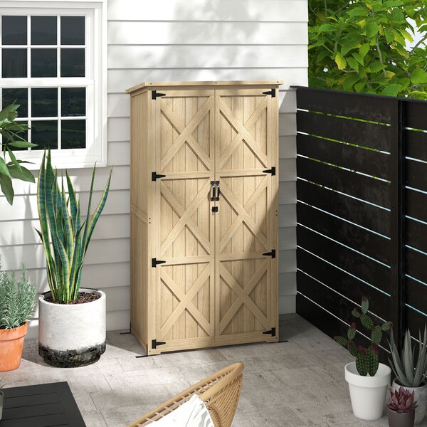 Outsunny Armadio con 2 ripiani laterali e 2 porte per attrezzi, casetta rimessa da giardino, 90L x 54,5P x 161/168,5H cm, Naturale | Aosom Italy