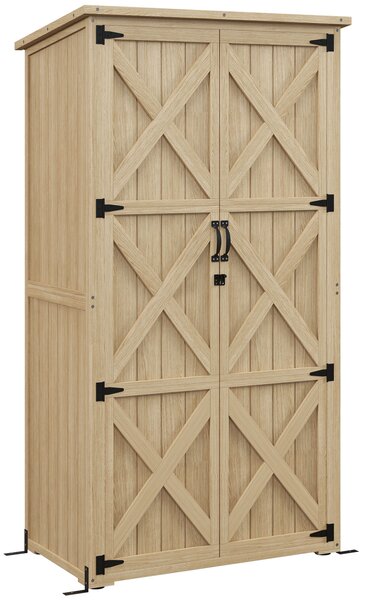 Outsunny Armadio con 2 ripiani laterali e 2 porte per attrezzi, casetta rimessa da giardino, 90L x 54,5P x 161/168,5H cm, Naturale | Aosom Italy