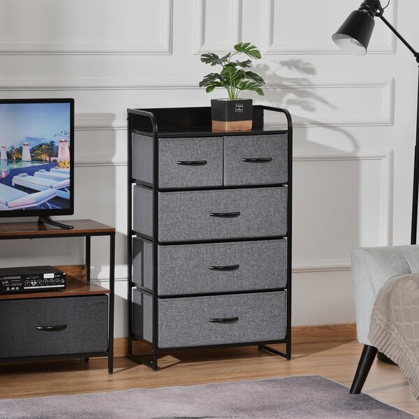 HOMCOM Cassettiera Mobiletto da Rangement 5 cassetti Pieghevoli in Tessuto 58 x 29 x 99 cm Grigio