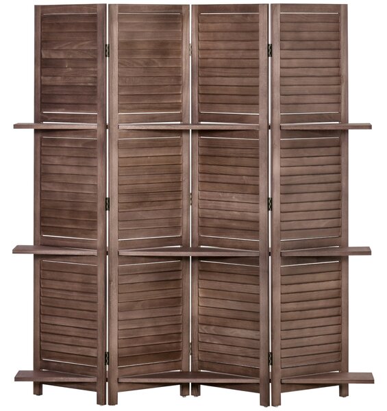 HOMCOM Paravento Interno a 4 Pannelli 162L x 170H cm 3 Ripiani Pieghevoli Separatore di Ambiente Porte a Persiana Legno di Paulownia Noce