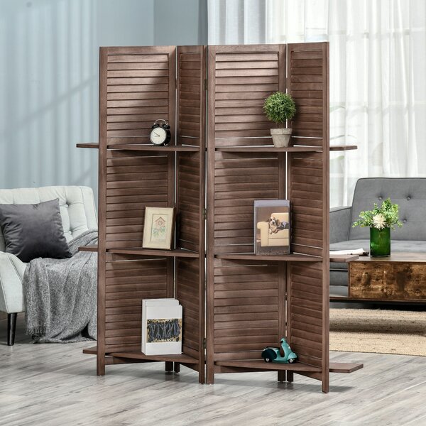 HOMCOM Paravento Interno a 4 Pannelli 162L x 170H cm 3 Ripiani Pieghevoli Separatore di Ambiente Porte a Persiana Legno di Paulownia Noce