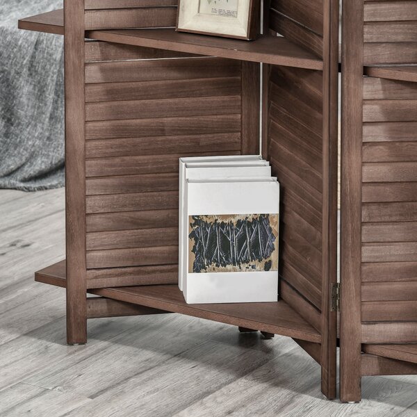 HOMCOM Paravento Interno a 4 Pannelli 162L x 170H cm 3 Ripiani Pieghevoli Separatore di Ambiente Porte a Persiana Legno di Paulownia Noce
