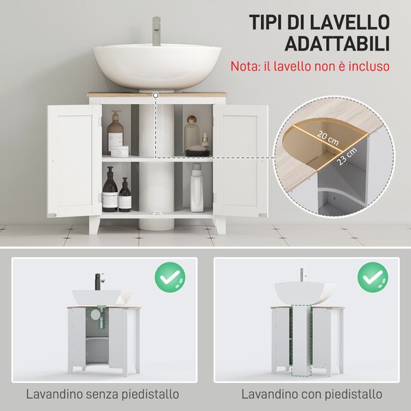 Kleankin Mobile Sottolavabo Bagno a U con Ripiano Regolabile Interno, in MDF, 60x30x60 cm, Bianco e color Legno|Aosom