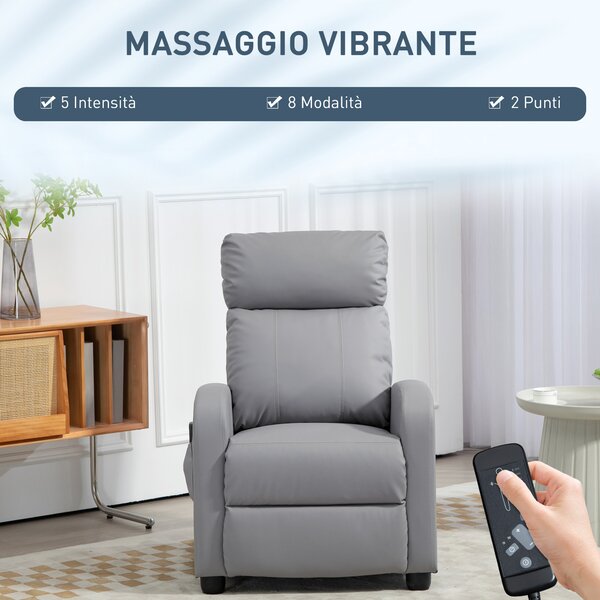 HOMCOM Poltrona Relax Massaggiante con Telecomando e 8 Programmi, Reclinazione e Poggiapiedi, Grigio Chiaro