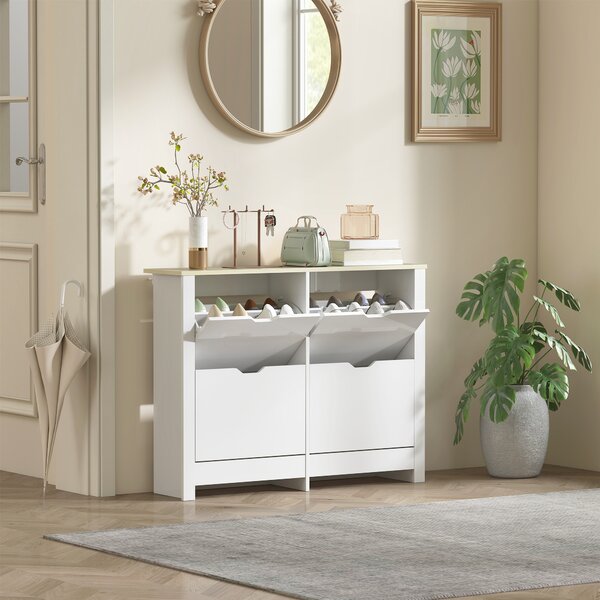 HOMCOM Armadio Portascarpe 4 Ante Ribaltabili 2 Compartimenti Pannelli Particelle Bianco rovere | Aosom Italy
