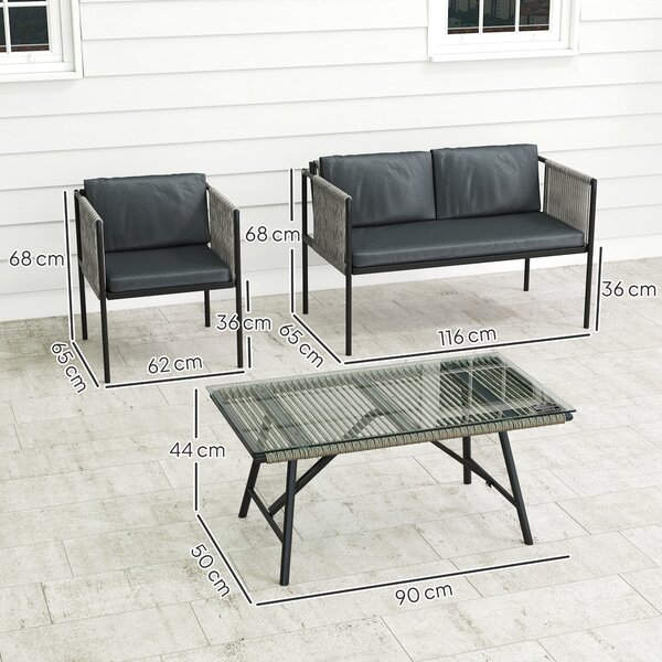 Outsunny Set Salotto da Giardino in Rattan con 2 Poltrone, Divanetto 2 Posti e Tavolino da Caffè in Vetro, Grigio