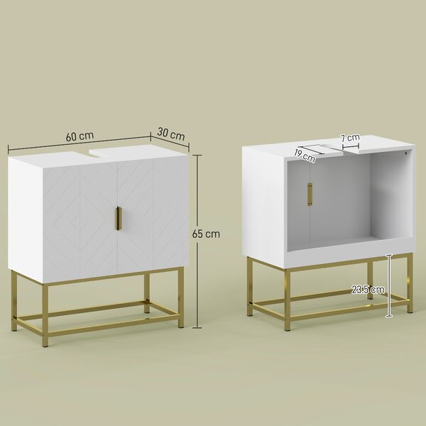 Kleankin Mobile Bagno Sottolavabo in Legno e Acciaio con Armadietto 2 Ante Spazioso 60x30x65cm Elegante Bianco e Oro per Arredo Bagno Moderno|Aosom