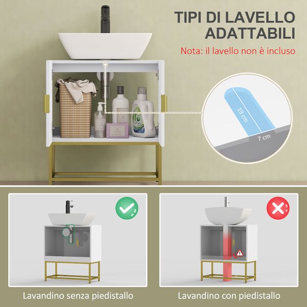 Kleankin Mobile Bagno Sottolavabo in Legno e Acciaio con Armadietto 2 Ante Spazioso 60x30x65cm Elegante Bianco e Oro per Arredo Bagno Moderno|Aosom