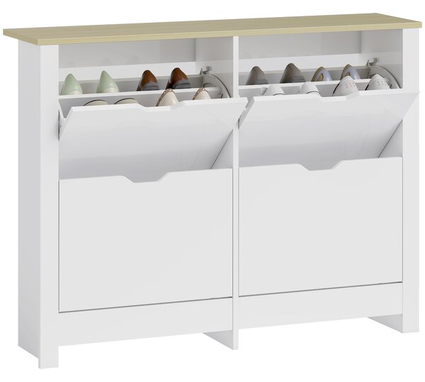 HOMCOM Armadio Portascarpe 4 Ante Ribaltabili 2 Compartimenti Pannelli Particelle Bianco rovere | Aosom Italy