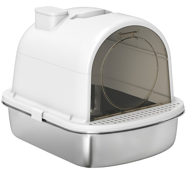 PawHut Casa Igienica per Gatti Lettiera Chiusa in Acciaio Inossidabile, Facile Pulizia, 52,4 x 41,3 x 39,9 cm, Bianco | Aosom Italy