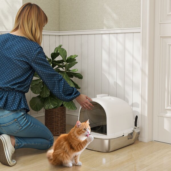 PawHut Casa Igienica per Gatti Lettiera Chiusa in Acciaio Inossidabile, Facile Pulizia, 52,4 x 41,3 x 39,9 cm, Bianco | Aosom Italy