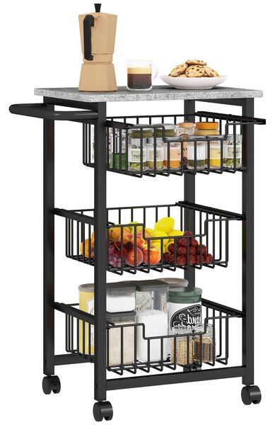 HOMCOM Carrello da Cucina a 3 Cestelli con Maniglia, in Acciaio e Legno, 49.5x31x69 cm, Nero e Grigio Chiaro | Aosom Italy