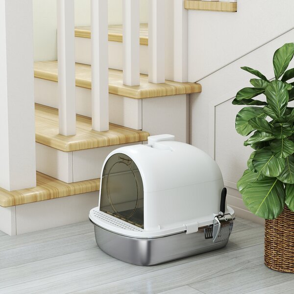 PawHut Casa Igienica per Gatti Lettiera Chiusa in Acciaio Inossidabile, Facile Pulizia, 52,4 x 41,3 x 39,9 cm, Bianco | Aosom Italy