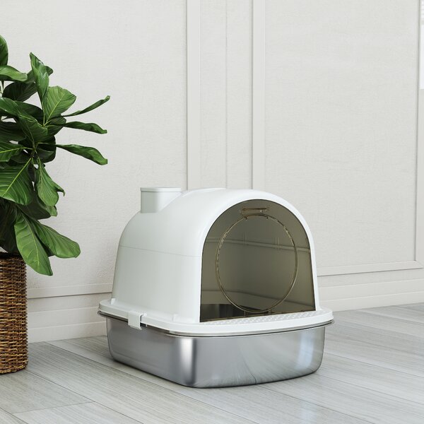 PawHut Casa Igienica per Gatti Lettiera Chiusa in Acciaio Inossidabile, Facile Pulizia, 52,4 x 41,3 x 39,9 cm, Bianco | Aosom Italy