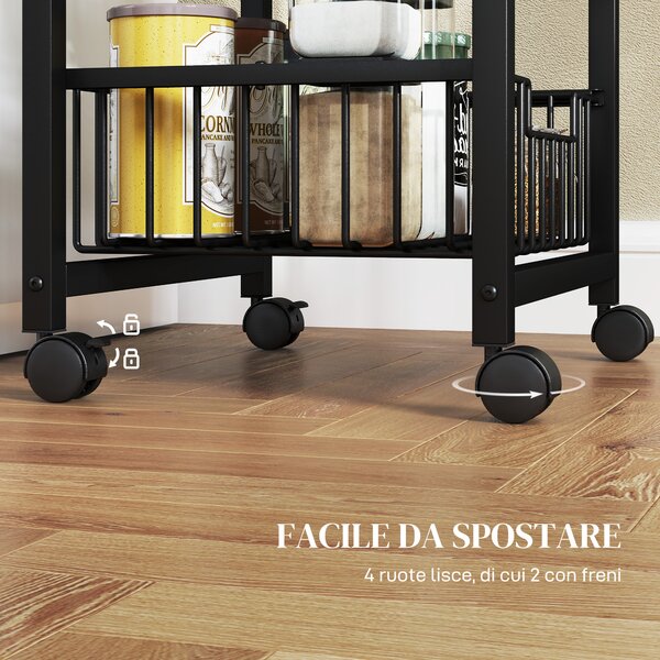 HOMCOM Carrello da Cucina a 3 Cestelli con Maniglia, in Acciaio e Legno, 49.5x31x69 cm, Nero e Grigio Chiaro | Aosom Italy