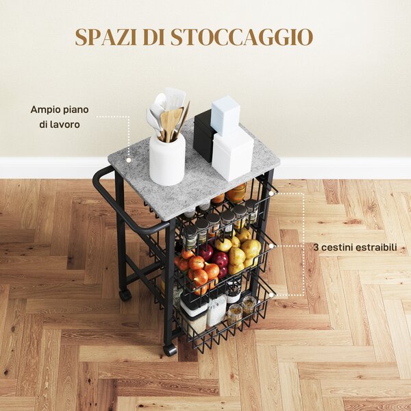 HOMCOM Carrello da Cucina a 3 Cestelli con Maniglia, in Acciaio e Legno, 49.5x31x69 cm, Nero e Grigio Chiaro | Aosom Italy