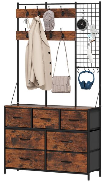 HOMCOM Mobile d'ingresso 4 in 1, appendiabiti, vestiaire con 7 cassetti in tessuto e 14 ganci, 100 x 30 x 183 cm, marrone rustico | Aosom Italy