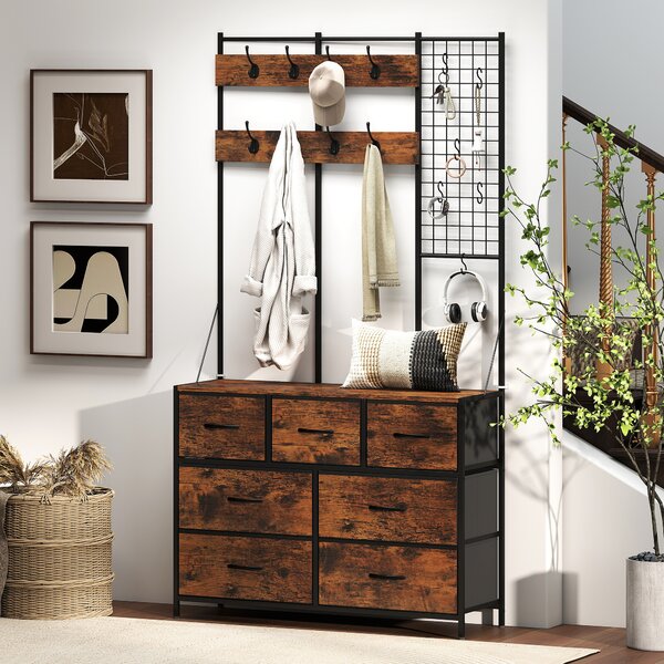HOMCOM Mobile d'ingresso 4 in 1, appendiabiti, vestiaire con 7 cassetti in tessuto e 14 ganci, 100 x 30 x 183 cm, marrone rustico | Aosom Italy