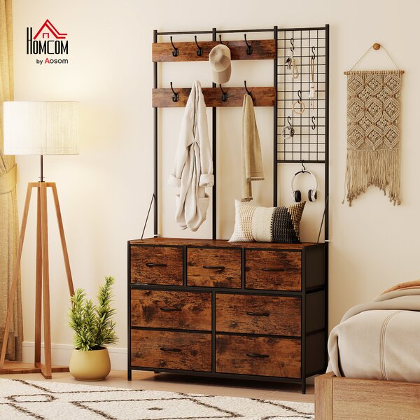 HOMCOM Mobile d'ingresso 4 in 1, appendiabiti, vestiaire con 7 cassetti in tessuto e 14 ganci, 100 x 30 x 183 cm, marrone rustico | Aosom Italy