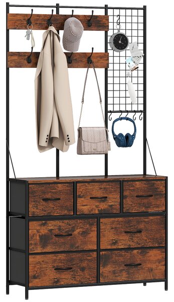 HOMCOM Mobile d'ingresso 4 in 1, appendiabiti, vestiaire con 7 cassetti in tessuto e 14 ganci, 100 x 30 x 183 cm, marrone rustico | Aosom Italy
