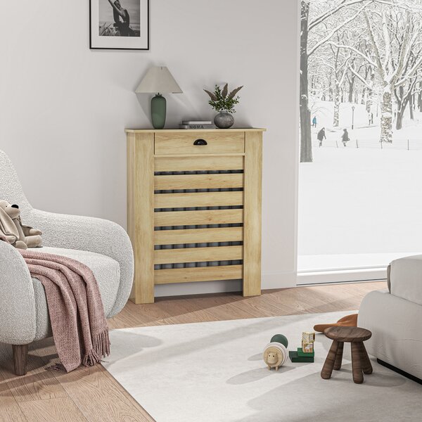 HOMCOM Copertura per radiatore copri radiatore griglia a doghe orizzontali con 2 cassetti in legno 78l x 19P x 95,5H cm rovere | Aosom Italy