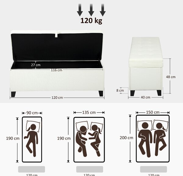 HOMCOM Banco da Archiviazione con 2 Cerniere di Sicurezza Coperchio Ribaltabile per Camera da Letto Soggiorno 120x40x48 cm Crema | Aosom Italy