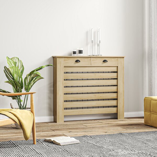 HOMCOM Copri-radiatore cache radiatore griglia a listelli orizzontali con 2 cassetti in legno 111l x 19P x 95,5H cm rovere | Aosom Italy