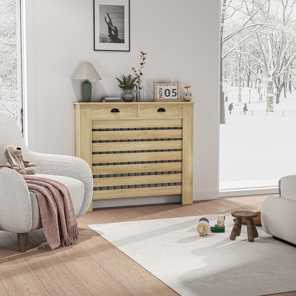 HOMCOM Copri-radiatore cache radiatore griglia a listelli orizzontali con 2 cassetti in legno 111l x 19P x 95,5H cm rovere | Aosom Italy