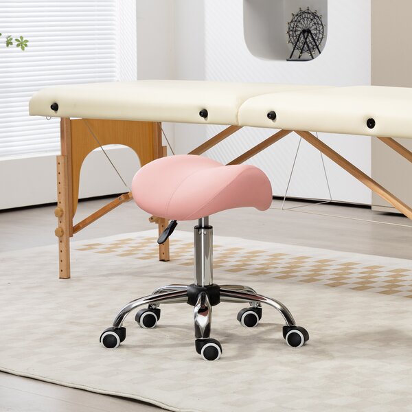 HOMCOM Sgabello a rotelle, sedia da lavoro con altezza regolabile 49-61 cm e sella ergonomica, 52x53x49-61cm, rosa | Aosom Italy