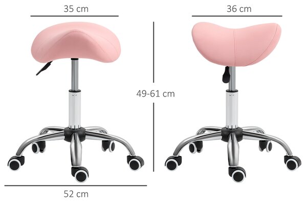 HOMCOM Sgabello a rotelle, sedia da lavoro con altezza regolabile 49-61 cm e sella ergonomica, 52x53x49-61cm, rosa | Aosom Italy