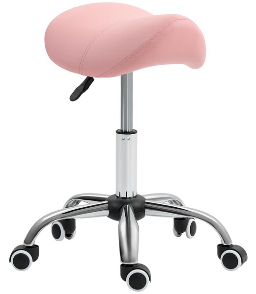 HOMCOM Sgabello a rotelle, sedia da lavoro con altezza regolabile 49-61 cm e sella ergonomica, 52x53x49-61cm, rosa | Aosom Italy