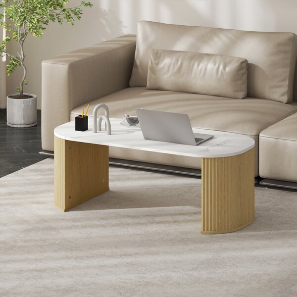 HOMCOM Tavolino ovale, tavolino d'appoggio effetto marmo, angoli arrotondati piedi spessi, 110 x 50 x 40 cm, bianco | Aosom Italy