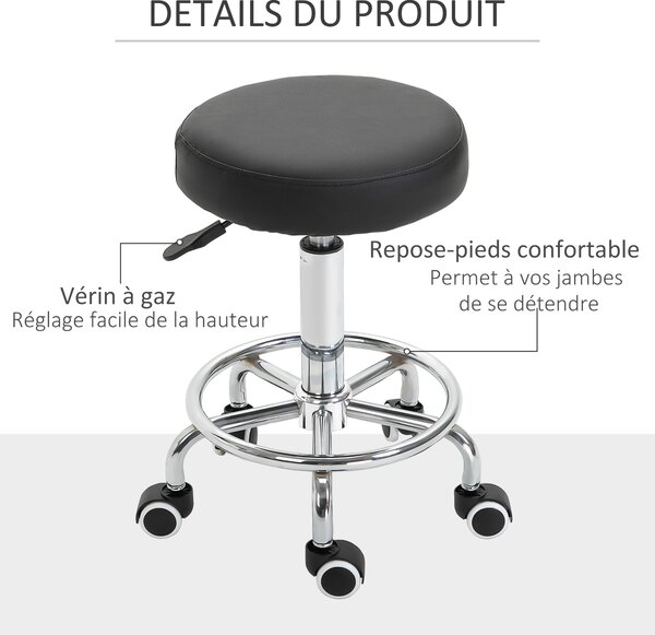 Vinsetto Sgabello con Ruote, sgabello da massaggio con altezza regolabile 50-64 cm e seduta imbottita, girevole 360°, nero | Aosom Italy