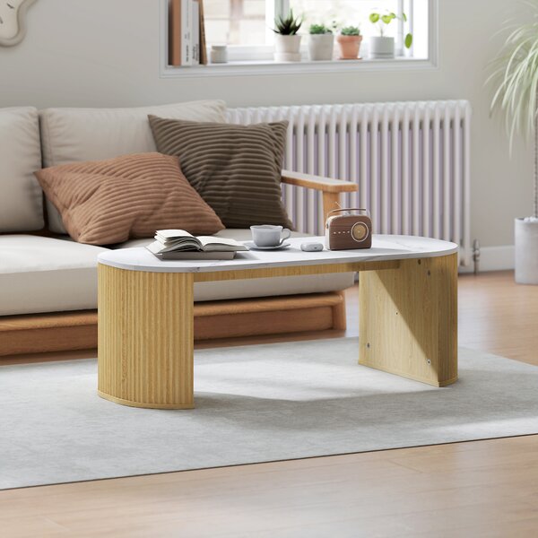 HOMCOM Tavolino ovale, tavolino d'appoggio effetto marmo, angoli arrotondati piedi spessi, 110 x 50 x 40 cm, bianco | Aosom Italy